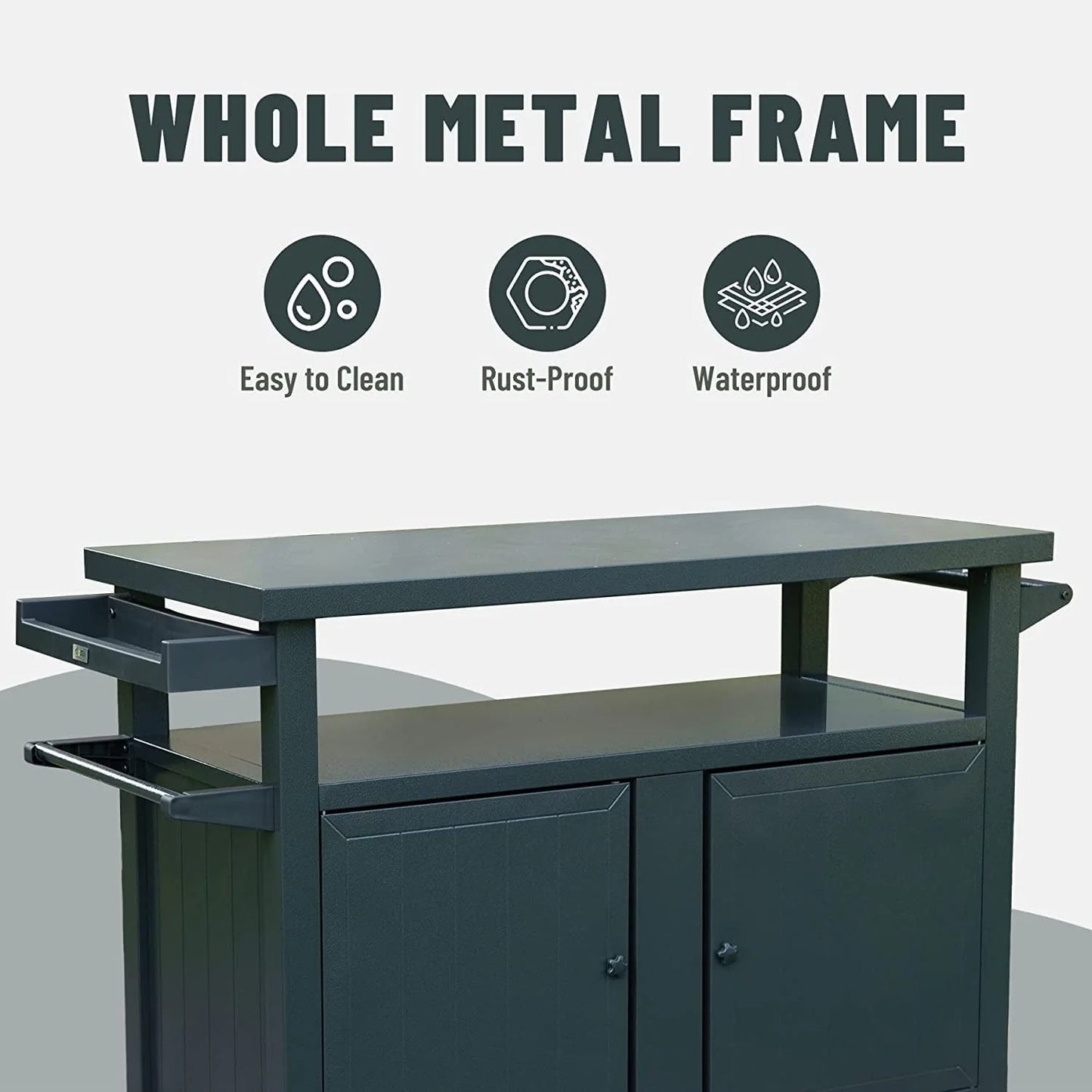 Domi Grill Carts Outdoor with Storage and Wheels, Whole Metal Portable Table and Storage Cabinet for BBQ,Deck,Patio,Backyard(Dark Grey,L45x W20.31x H35.51 Inch)