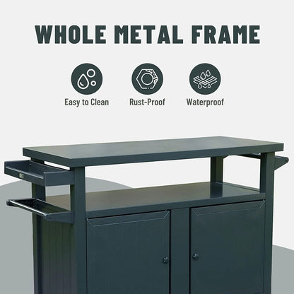 Domi Grill Carts Outdoor with Storage and Wheels, Whole Metal Portable Table and Storage Cabinet for BBQ,Deck,Patio,Backyard(Dark Grey,L45x W20.31x H35.51 Inch)