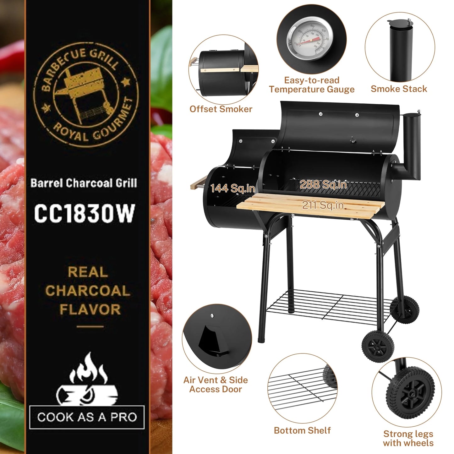 Enyopro Charcoal Grill, Portable BBQ Grill & Smoker Combo, with Offset Smoker and Wood Shelf, Thermometer, Wheels, for Outdoor Picnic, Patio, Backyard, Camping