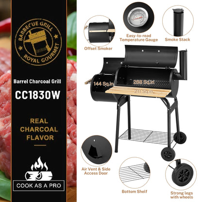 Enyopro Charcoal Grill, Portable BBQ Grill & Smoker Combo, with Offset Smoker and Wood Shelf, Thermometer, Wheels, for Outdoor Picnic, Patio, Backyard, Camping