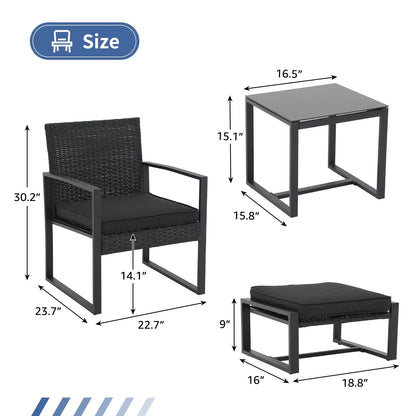 Orange-Casual 5-Piece Outdoor Furniture Set, Patio Steel Wicker Conversation Set, with Ottomans & Soft Washable Cushions, Black