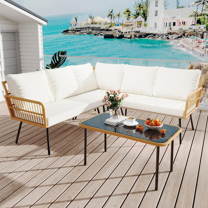 4 Pieces Patio Furniture Set, All-Weather Rattan Outdoor Conversation Sectional L-Shaped Sofa with Thickness Cushions and Side Table, Boho Seat Patio Sofa for Balcony, Backyard, Deck, Poolside