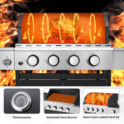 Mellcom 4 Burner Gas Grill,36000 BTU BBQ Propane Stainless Steel with Side Table for Patio Garden