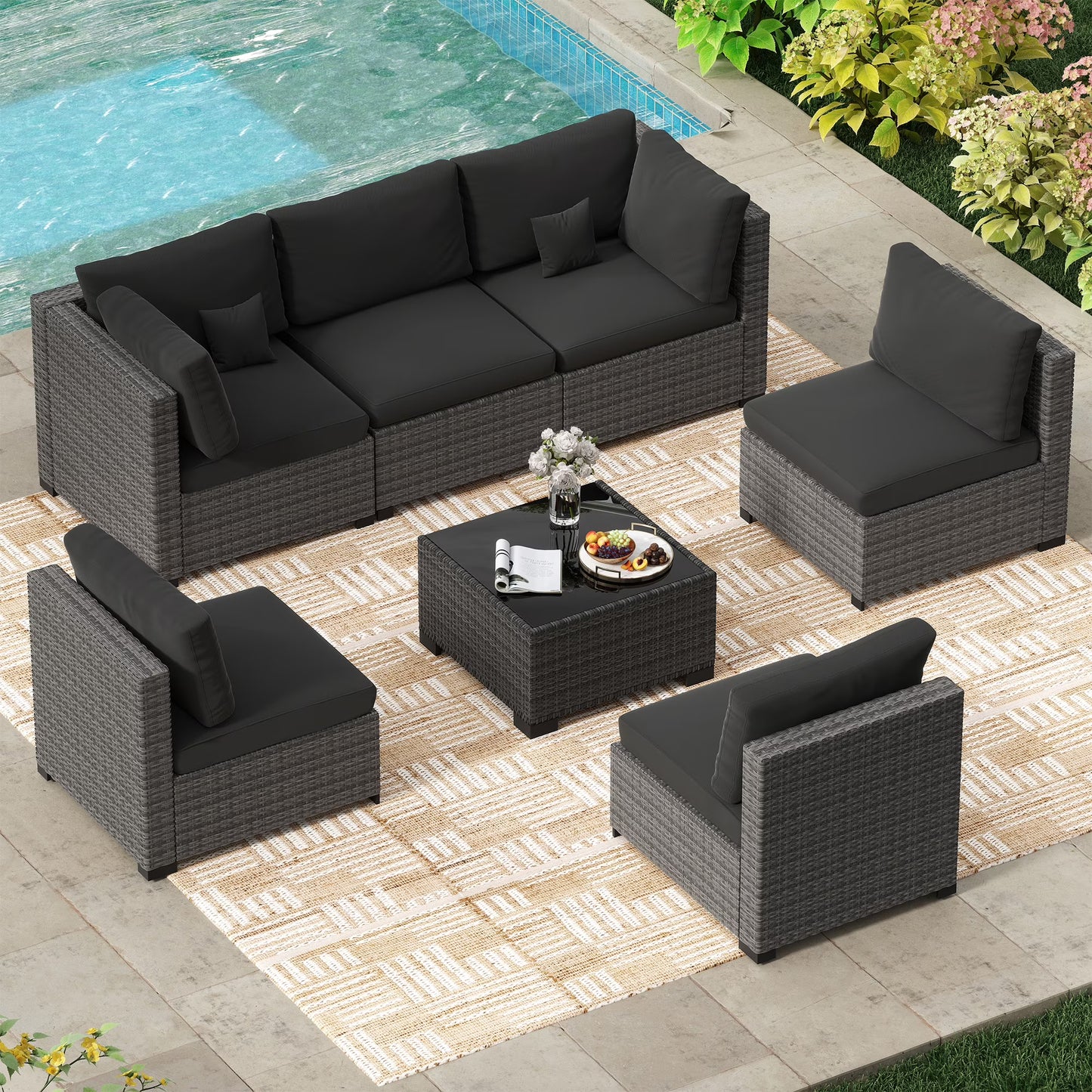 7 Piece Patio Furniture Set, Outdoor Furniture Patio Sectional Sofa, All Weather PE Rattan Outdoor Sectional with Cushion and Coffee Table.