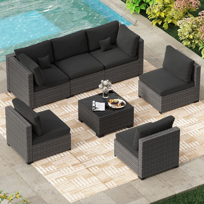 7 Piece Patio Furniture Set, Outdoor Furniture Patio Sectional Sofa, All Weather PE Rattan Outdoor Sectional with Cushion and Coffee Table.