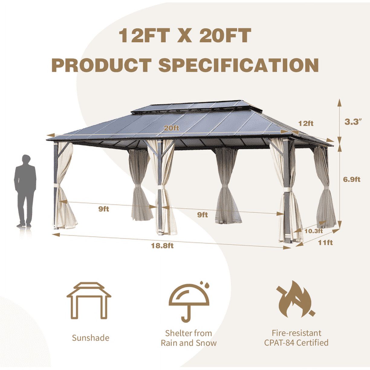 Mellcom 12x20FT Hardtop Gazebo with Aluminum Composite Double Roof for Patio Lawn and Garden