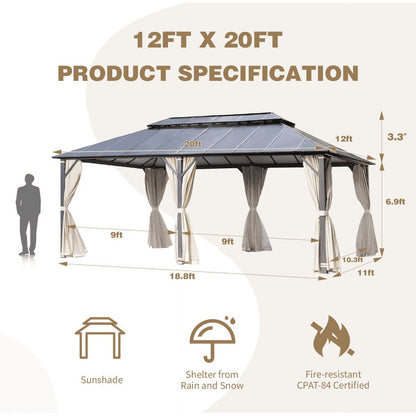 Mellcom 12x20FT Hardtop Gazebo with Aluminum Composite Double Roof for Patio Lawn and Garden