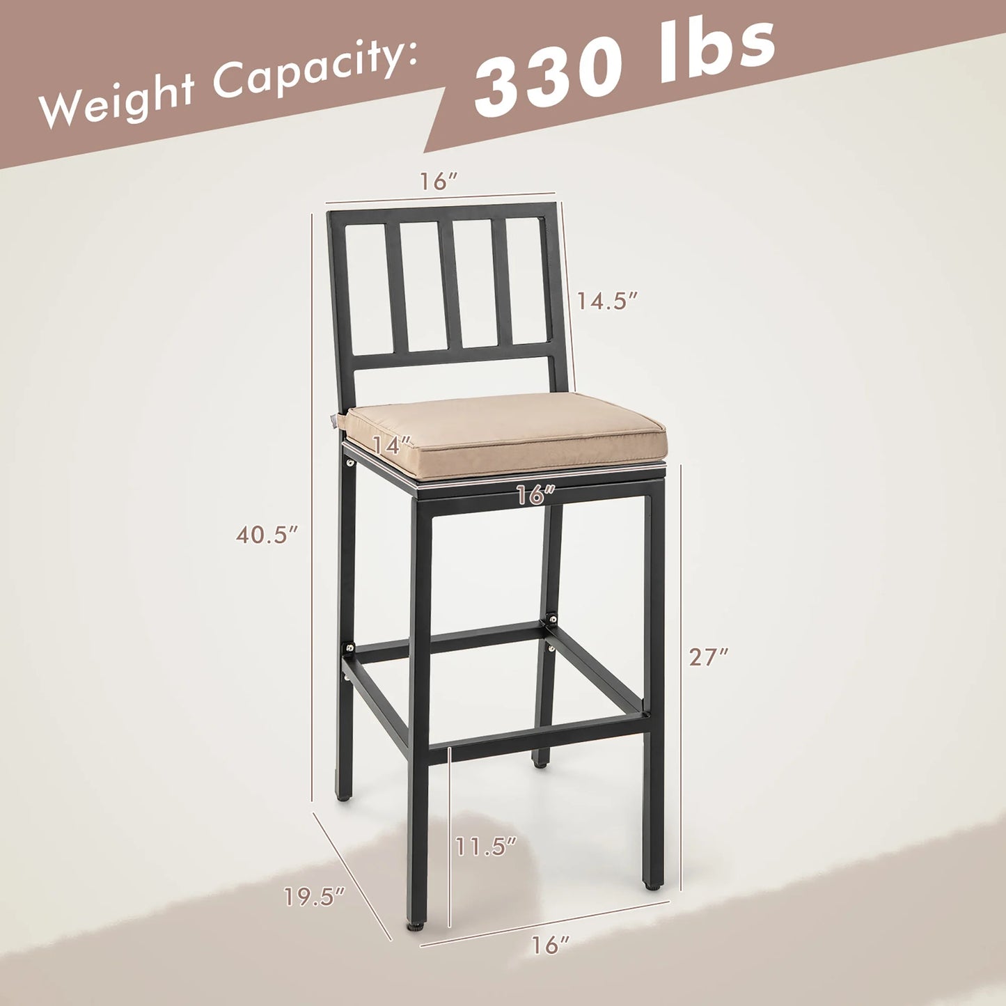 Costway Set of 2 Patio Metal Bar Stools Outdoor Bar Height Dining Chairs with Cushion