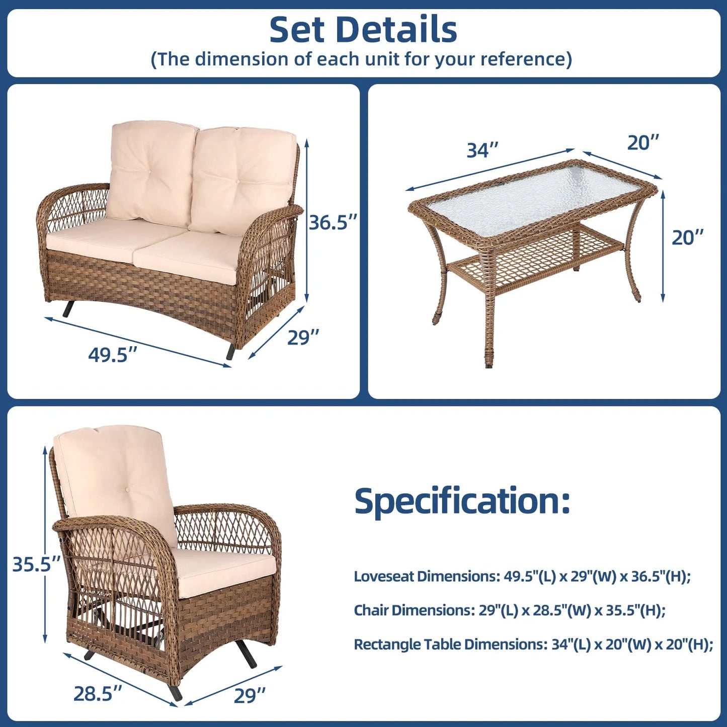 SOCIALCOMFY 4-Piece Wicker Patio Furniture Sets Outdoor All-Weather Rattan Conversation Set Includes Glider Loveseat, Glass-Top Coffee Table, 2 Glider Rocker Chairs with Thickened Cushions