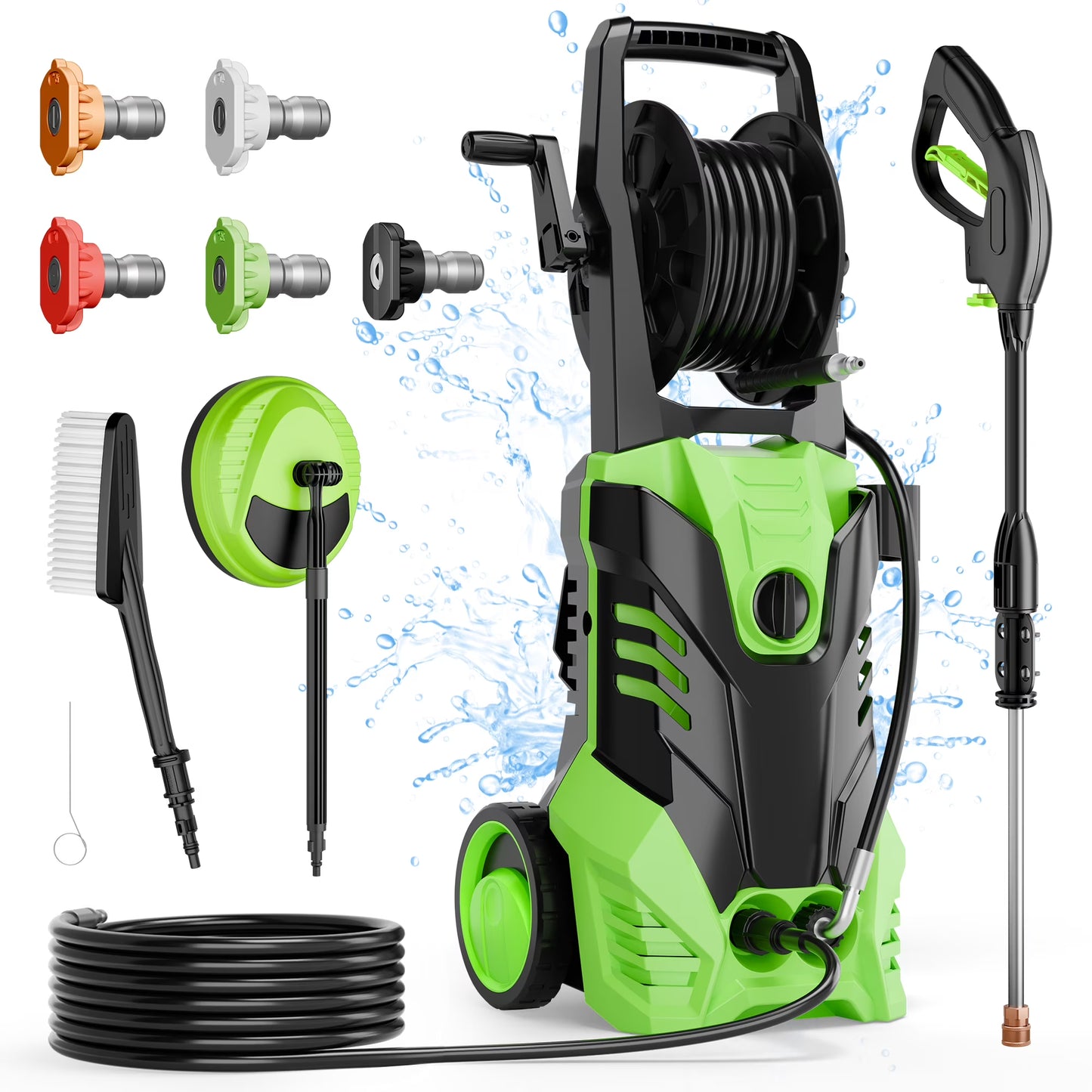 Furnibear 3800 PSI Electric Pressure Washer - Lightweight with Wheels, Easy to Assemble, Includes 5 Nozzles for Cars, Fences, Patios & Driveways