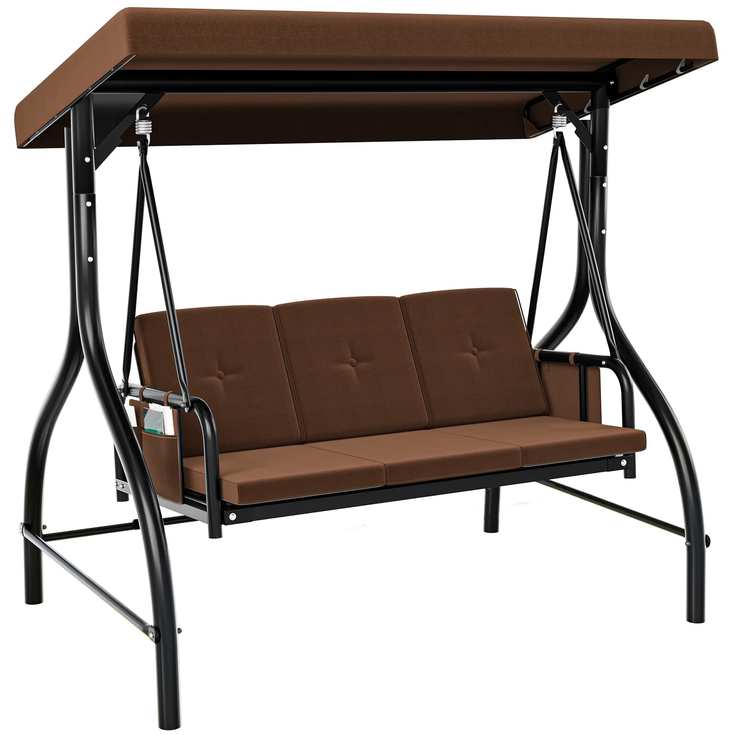Dextrus Outdoor Patio Swing Chair, 3 Person Porch Swing with Adjustable Canopy, Removable Cushion, Suitable for Garden, Poolside, Balcony,(Brown)