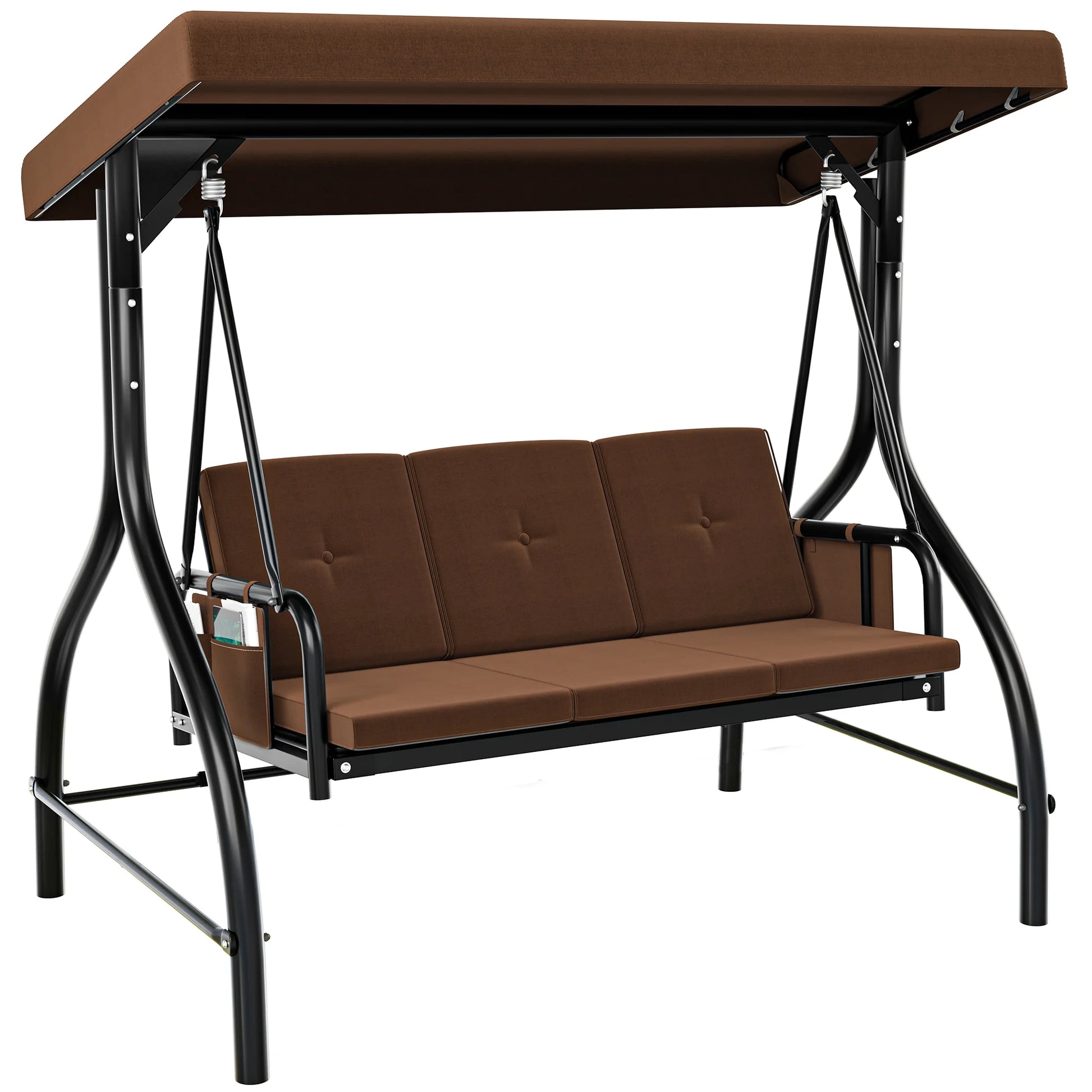 Dextrus Outdoor Patio Swing Chair, 3 Person Porch Swing with Adjustable Canopy, Removable Cushion, Suitable for Garden, Poolside, Balcony,(Brown)