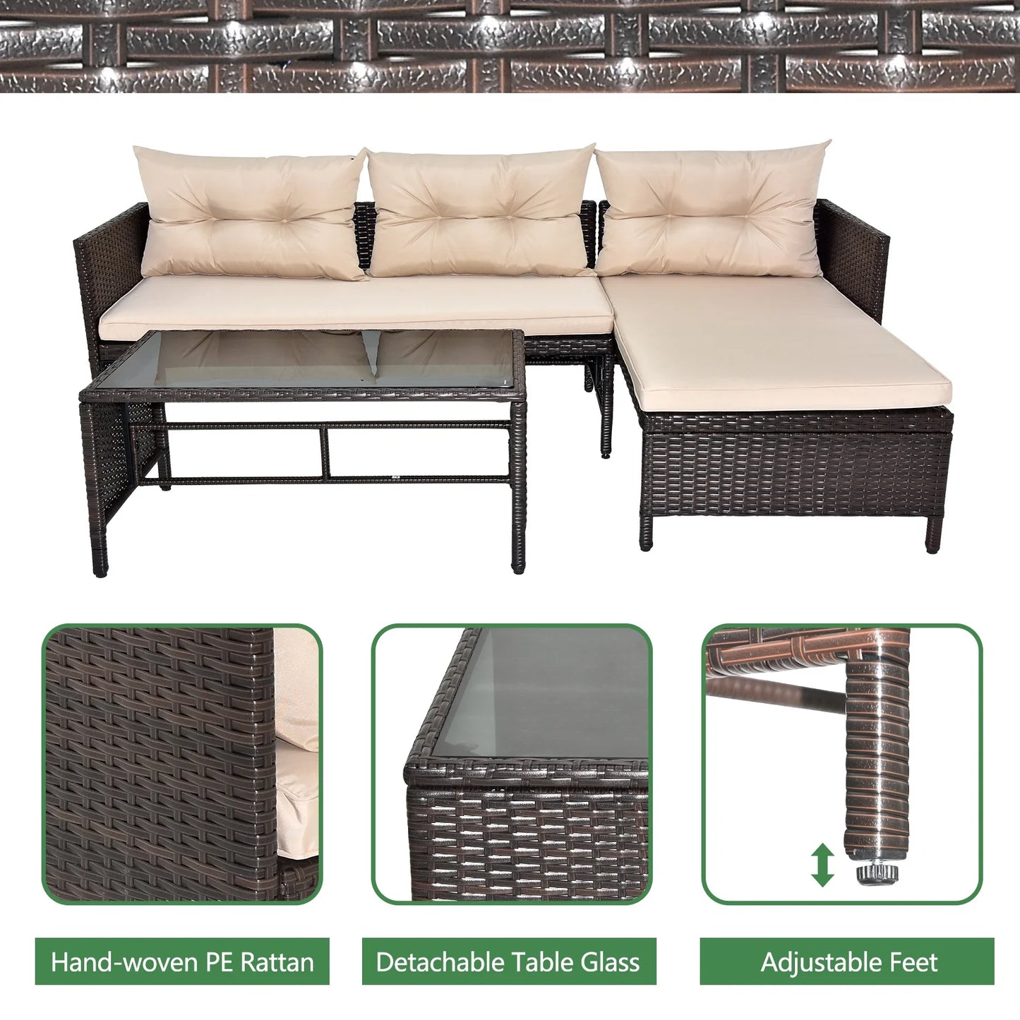 Outdoor Patio Furniture Set of 3, Rattan Wicker Outdoor Swivel Glider Rocker w/Table and Cushions, Brown