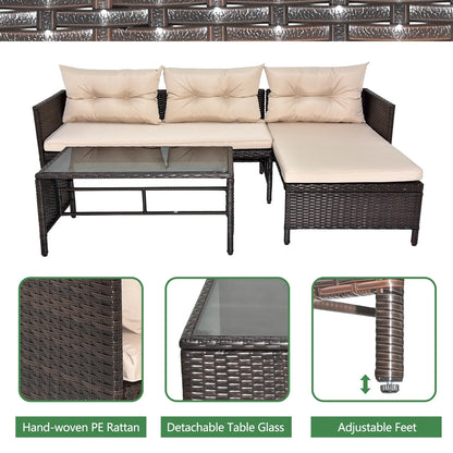 Outdoor Patio Furniture Set of 3, Rattan Wicker Outdoor Swivel Glider Rocker w/Table and Cushions, Brown