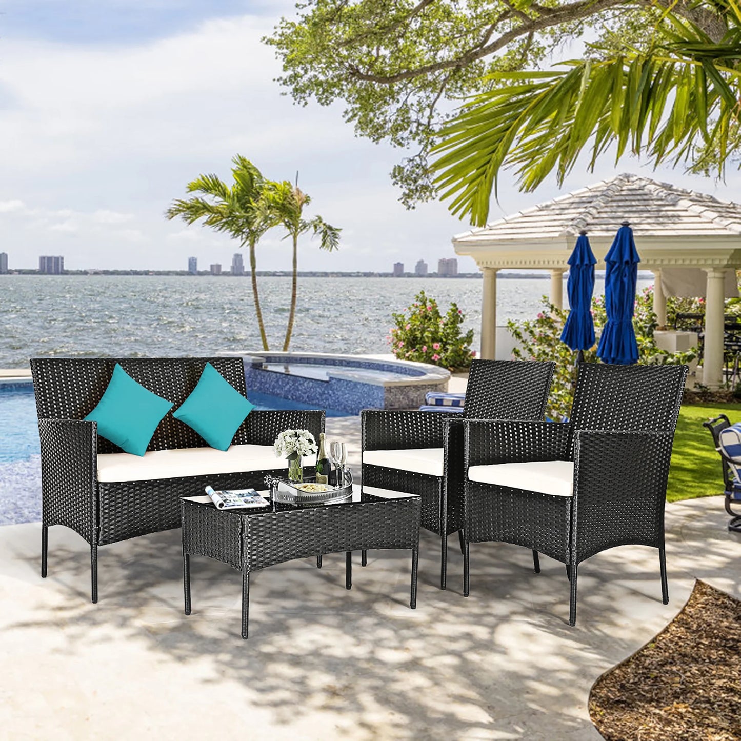 Costway 4PCS Patio Furniture Set Rattan Wicker Conversation Set Outdoor