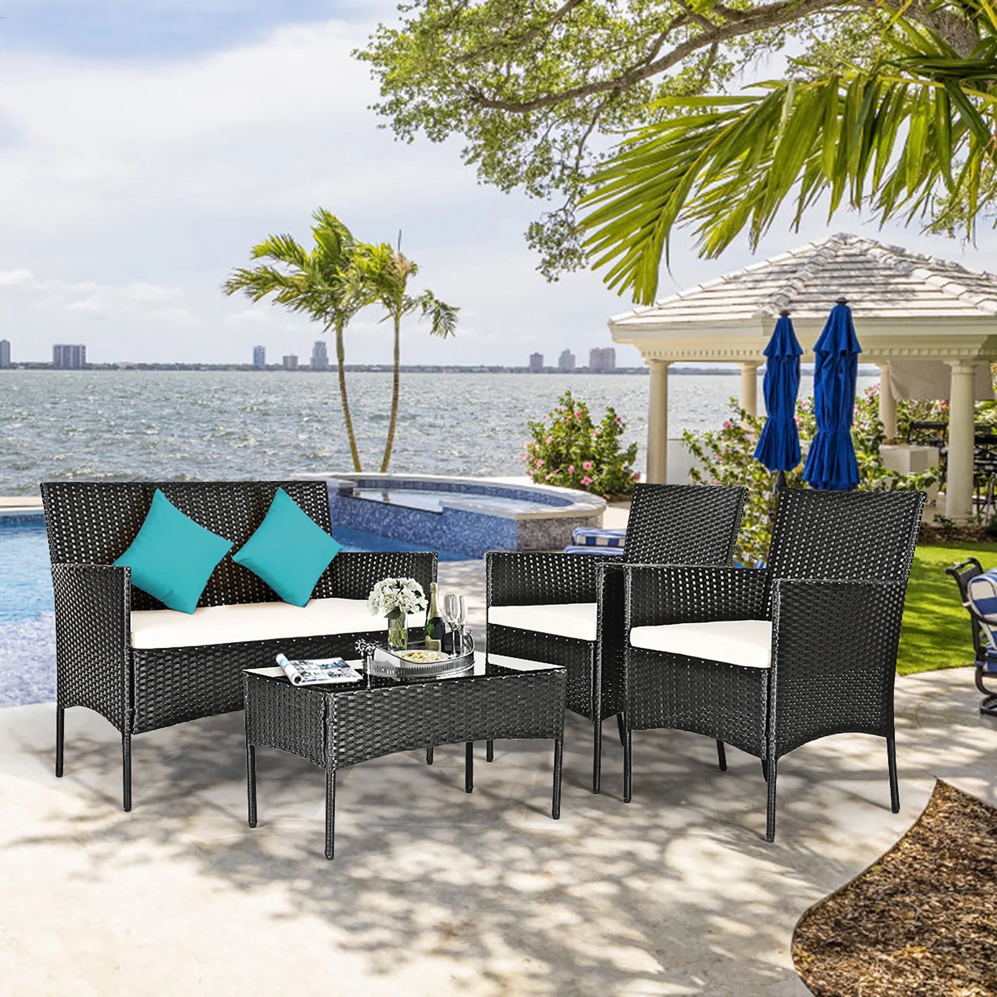 Costway 4PCS Patio Furniture Set Rattan Wicker Conversation Set Outdoor