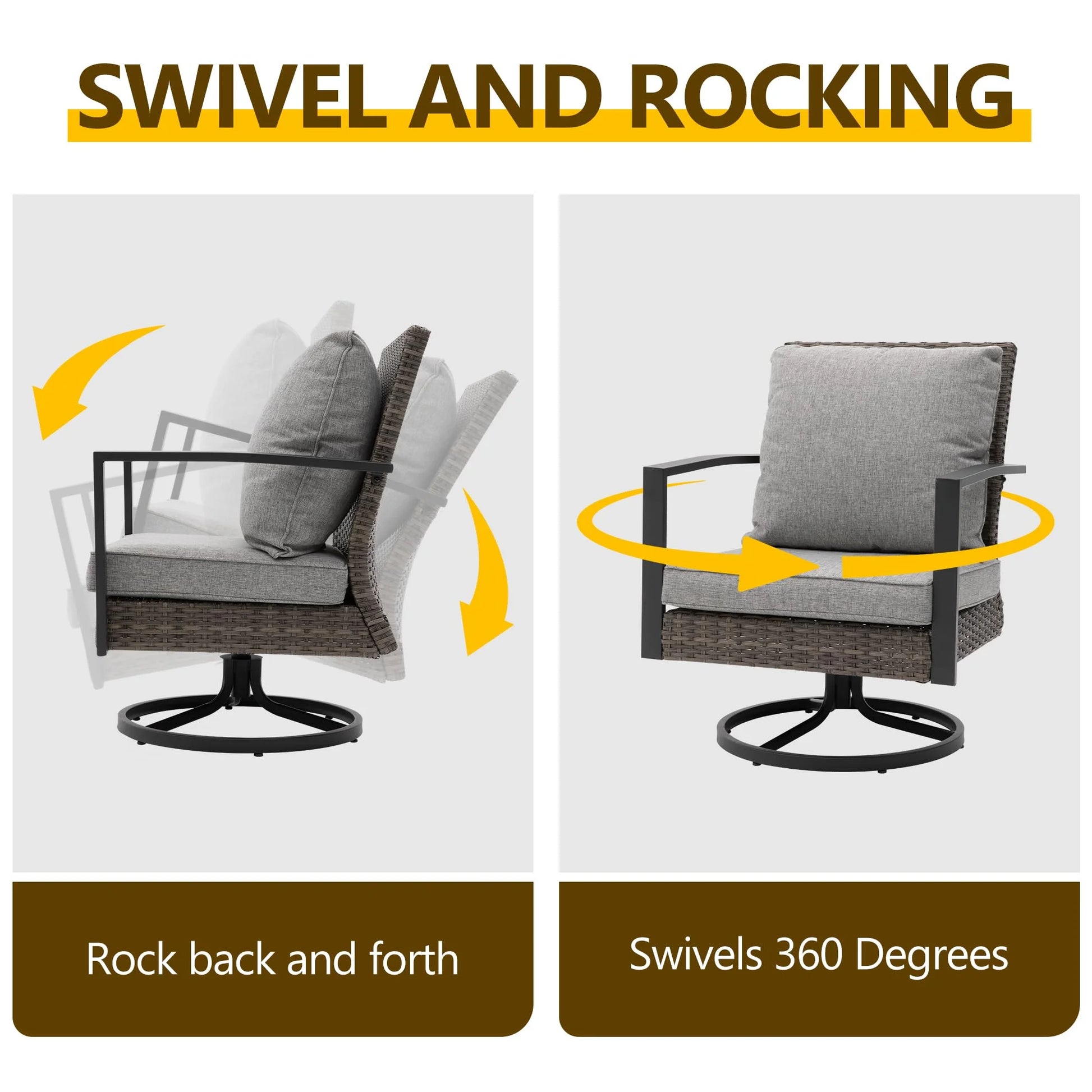 Sunvivi Patio Swivel Dining Chairs with 360-Degree Rotating, All Weather Rattan Chairs with Water-resistant Cushions & Metal Frame, Modern Outdoor Rocking Chair for Porch, Bistro, Balcony