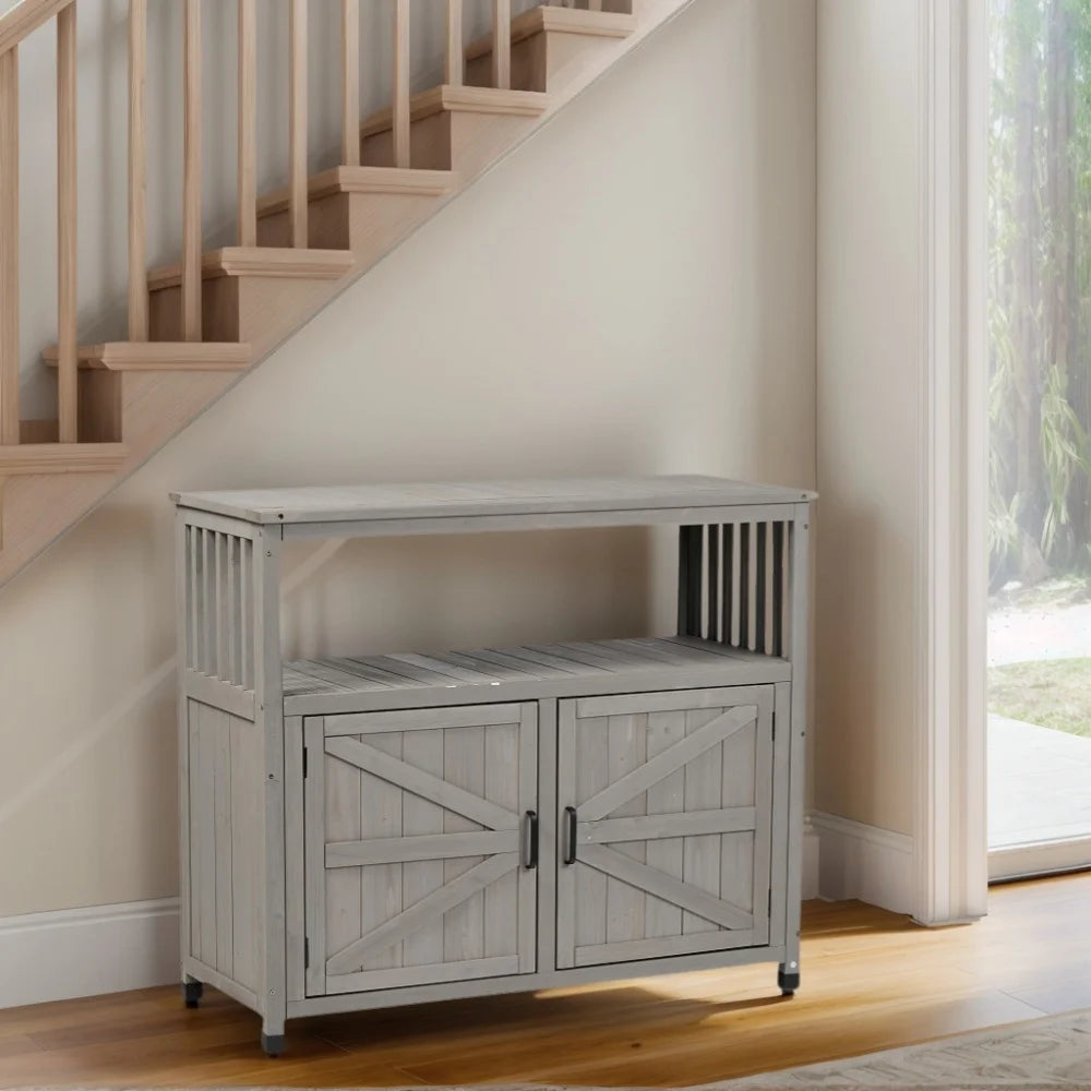 Outdoor Storage Cabinet, Patio Bar Table with Two Doors and Shelves, Wooden Patio Bar Table Set with Storage, Buffet Cabinet Sideboard for Outdoor and Indoor, Gray