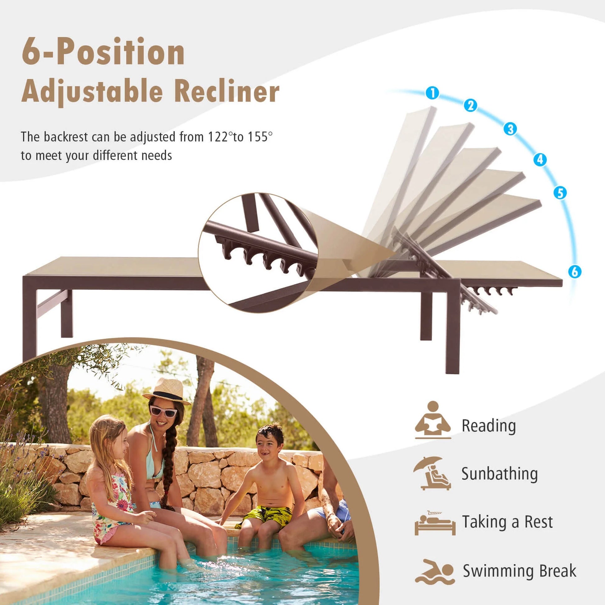 Costway Patio 6-Position Lounge Chair Chaise Aluminium Adjust Recliner Brown