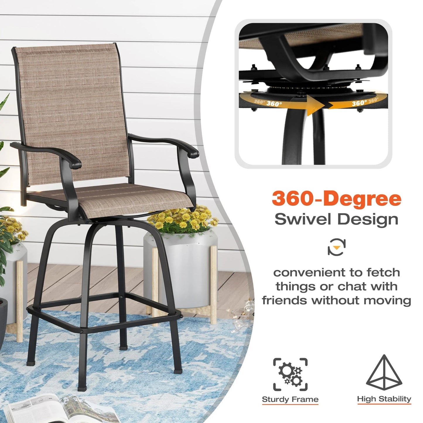 Sophia & William 2Pcs Outdoor Metal Swivel Bar Stools Patio Padded Height Textilene Chairs