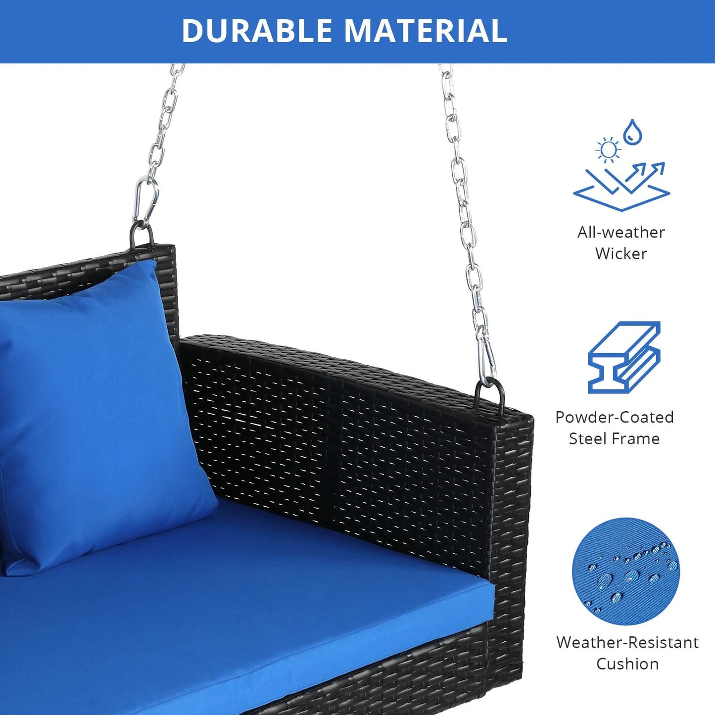 OverPatio 2-Person Rattan Wicker Swing Porch Swing Hanging Bench Outdoor Chair, Black Wicker Blue Cushion