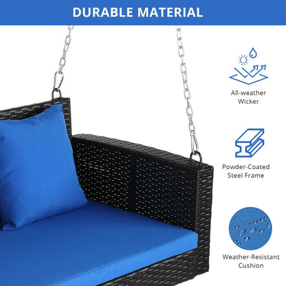OverPatio 2-Person Rattan Wicker Swing Porch Swing Hanging Bench Outdoor Chair, Black Wicker Blue Cushion
