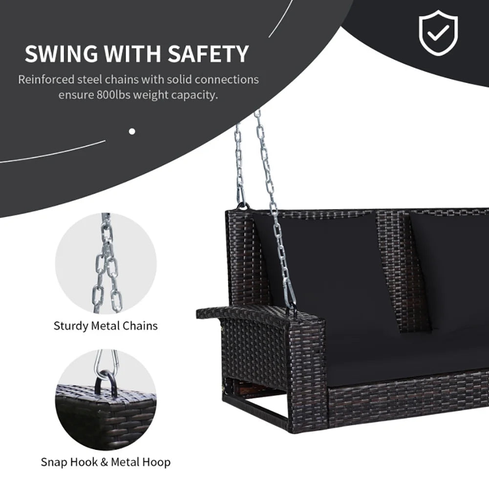 Yardi Yard 2-Person Patio Rattan Porch Swing with Cushions-Black, Porch Swing Hanging Bench, Wicker Outdoor Swing Bench with Cushion and Pillow for Patio, Yard, Garden