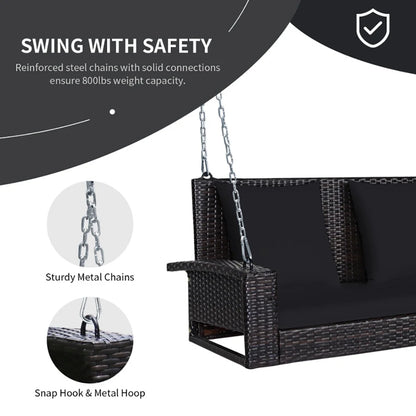 Yardi Yard 2-Person Patio Rattan Porch Swing with Cushions-Black, Porch Swing Hanging Bench, Wicker Outdoor Swing Bench with Cushion and Pillow for Patio, Yard, Garden