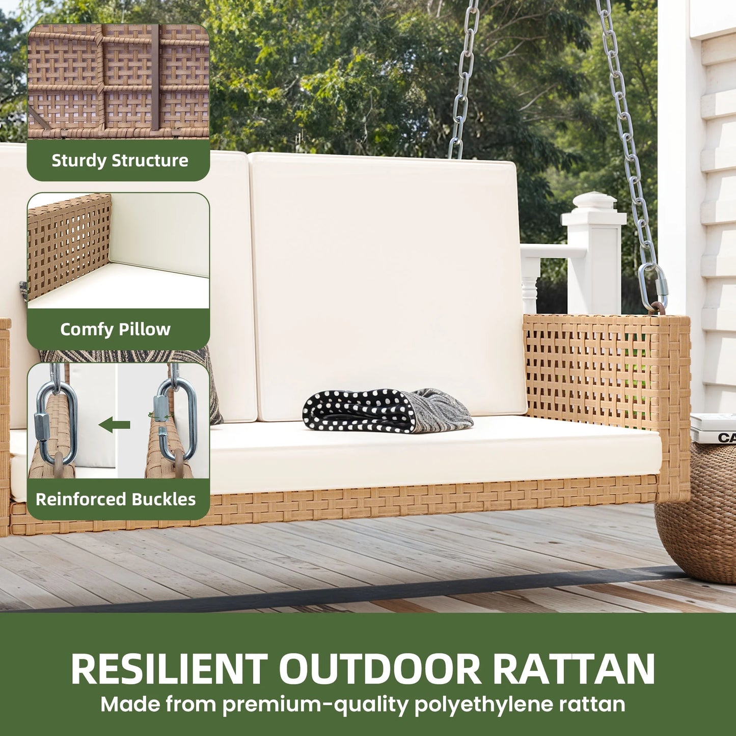 Uforic 2-Person Patio Rattan Hanging Porch Swing Bench Chair Cushion - Beige