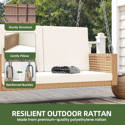Uforic 2-Person Patio Rattan Hanging Porch Swing Bench Chair Cushion - Beige
