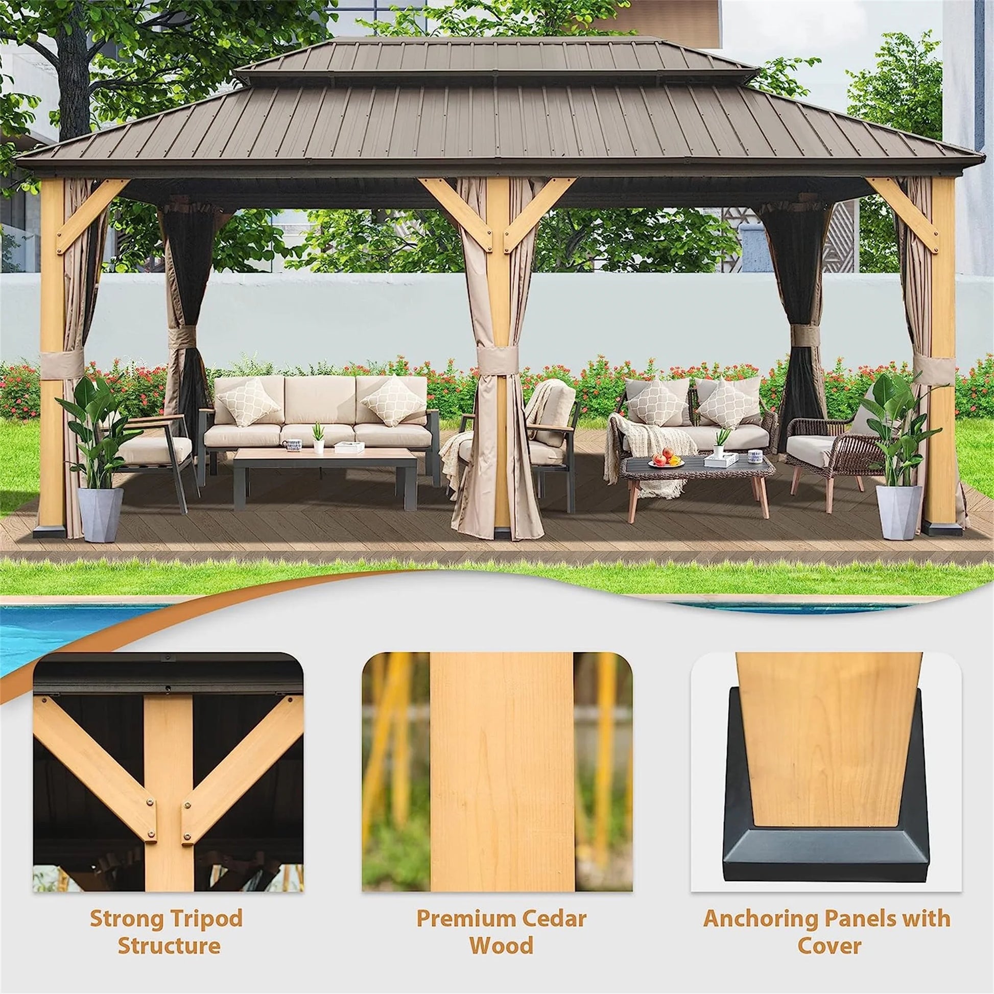 Mondawe 12'x20' Hardtop Gazebo, Outdoor Cedar Wood Frame Canopy with Galvanized Steel Double Roof, Outdoor Permanent Metal Pavilion with Curtains and Netting for Patio, Backyard and Lawn(Brown)