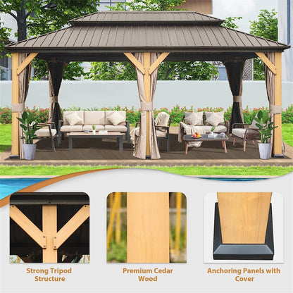Mondawe 12'x20' Hardtop Gazebo, Outdoor Cedar Wood Frame Canopy with Galvanized Steel Double Roof, Outdoor Permanent Metal Pavilion with Curtains and Netting for Patio, Backyard and Lawn(Brown)