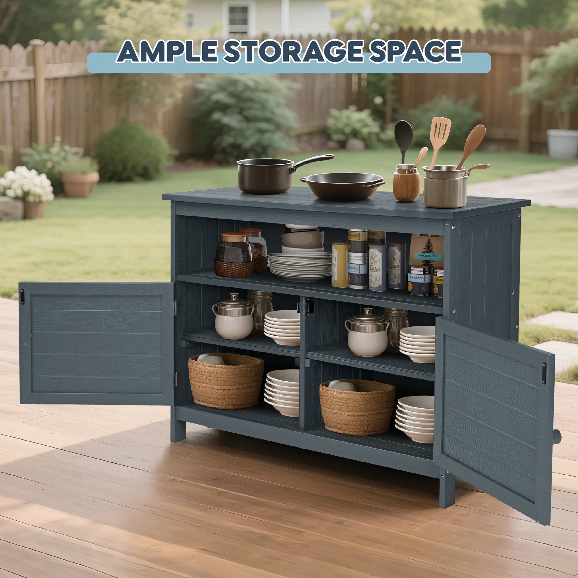 Bstjewey Outdoor Storage Cabinet HIPS Patio Sideboard with 3 Shelves & Doors