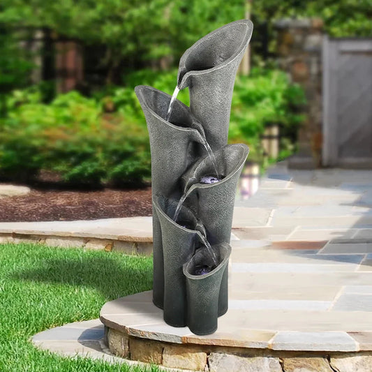 5-Tier Outdoor Water Fountains with LED Lights, 40" High Waterfalls Outdoor Water Feature for Garden Yard Patio Deck Home