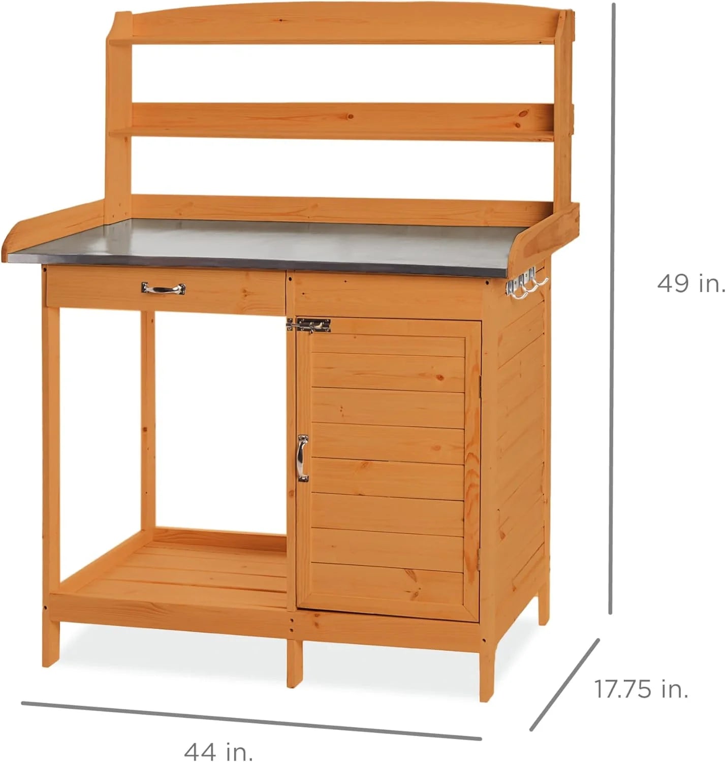 YUONAO Outdoor Garden Wooden Potting Bench with Metal Table Top, Pre-Stained Finish, Cabinet & Sliding Drawer - Storage Shelf for Backyard, Patio, Garden Use