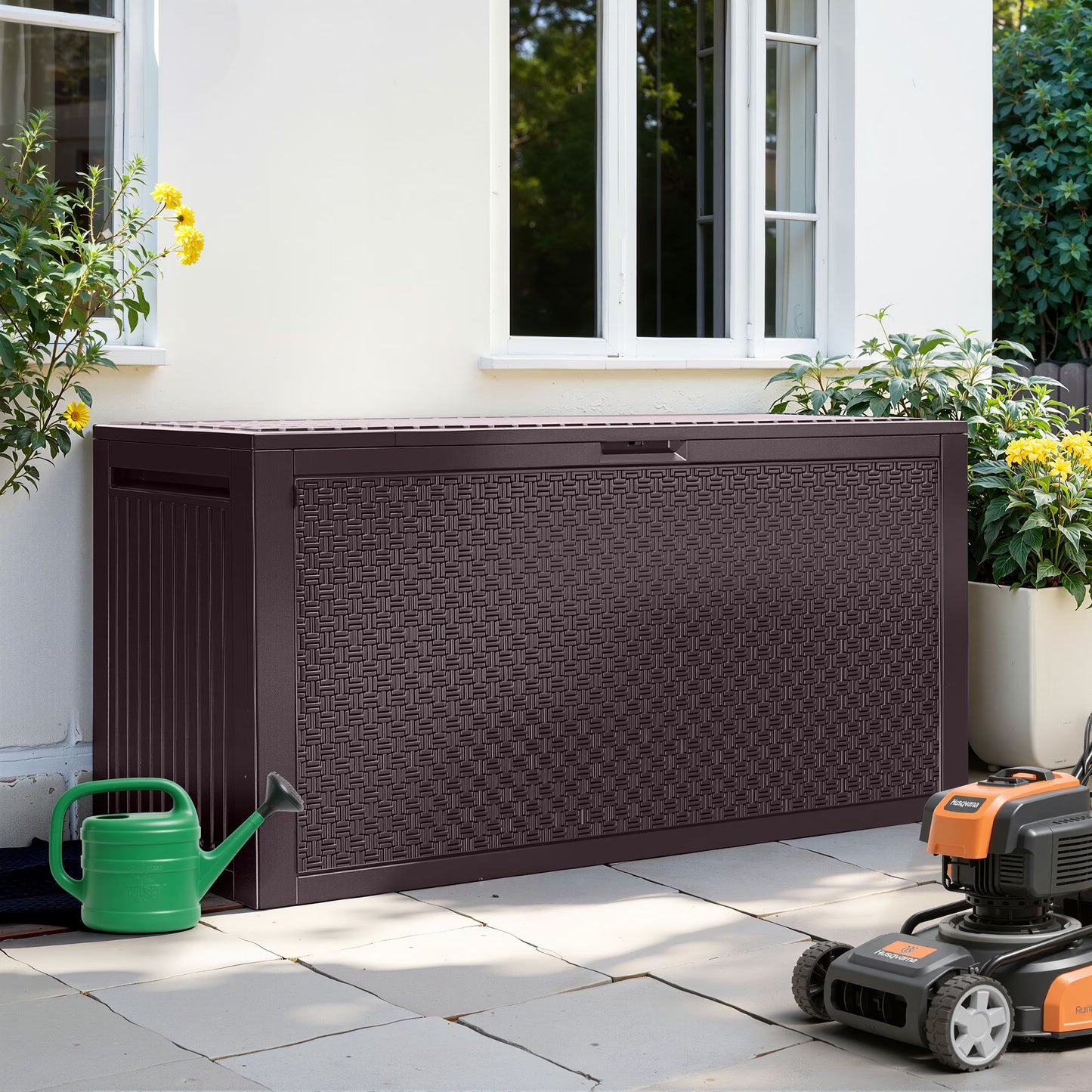 90 Gallon Resin Deck Box, Outdoor Lockable Storage Container for Patio Cushions, Garden Tools, Pool Supplies, Toys, Waterproof and UV Resistant, Brown