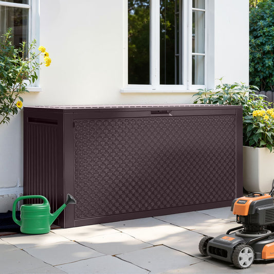 90 Gallon Resin Deck Box, Outdoor Lockable Storage Container for Patio Cushions, Garden Tools, Pool Supplies, Toys, Waterproof and UV Resistant, Brown