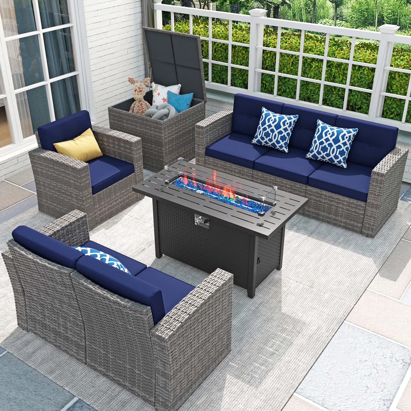 JOIVI 8 Pc Outdoor Furniture Set with Storage Box, Wicker Rattan Patio Conversation Set with Sectional Sofa Couch for 6 People, Espresso Brown