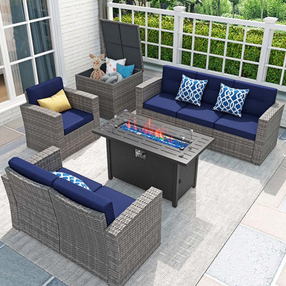 JOIVI 8 Pc Outdoor Furniture Set with Storage Box, Wicker Rattan Patio Conversation Set with Sectional Sofa Couch for 6 People, Espresso Brown