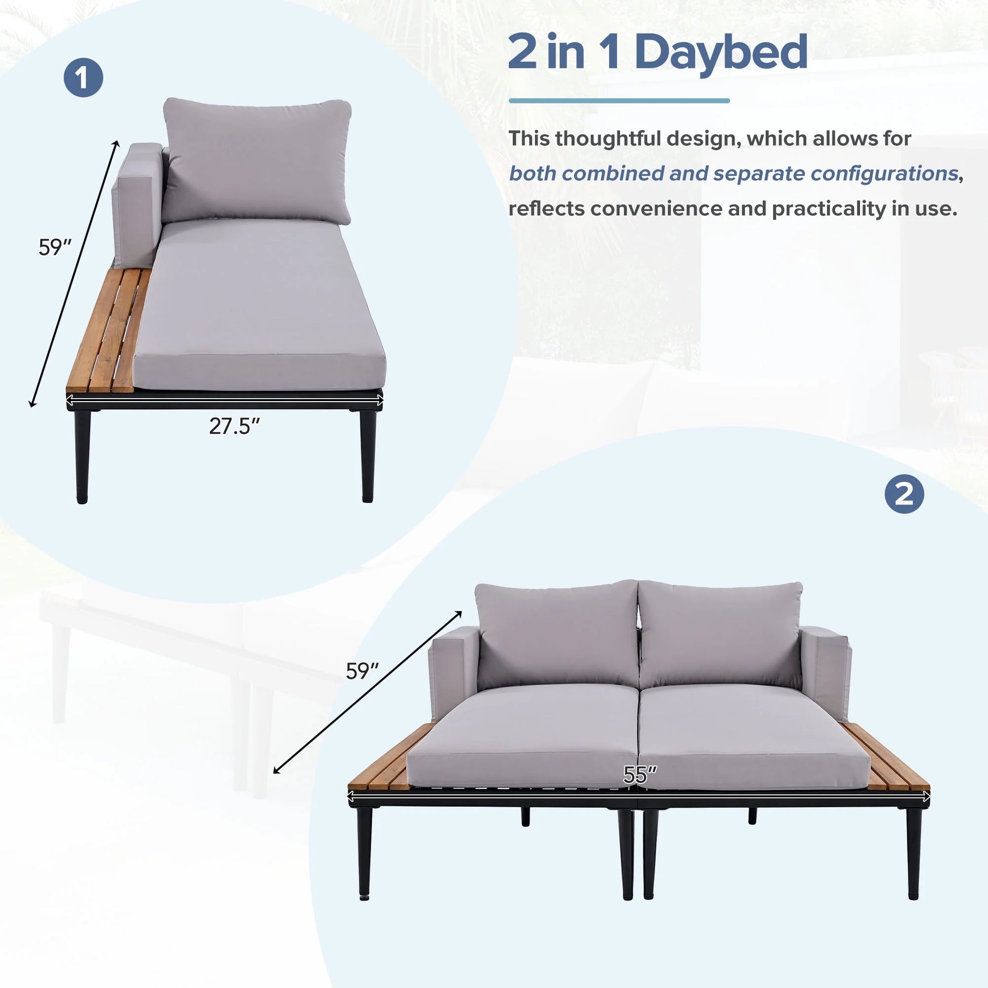 Harper & Bright Designs Patio Outdoor Metal Daybed for 2, All Weather Outdoor Chaise Lounges Reclining Chairs with Wood Topped Side Spaces for Drinks for Poolside Balcony Deck, Gray