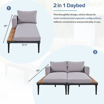 Harper & Bright Designs Patio Outdoor Metal Daybed for 2, All Weather Outdoor Chaise Lounges Reclining Chairs with Wood Topped Side Spaces for Drinks for Poolside Balcony Deck, Gray