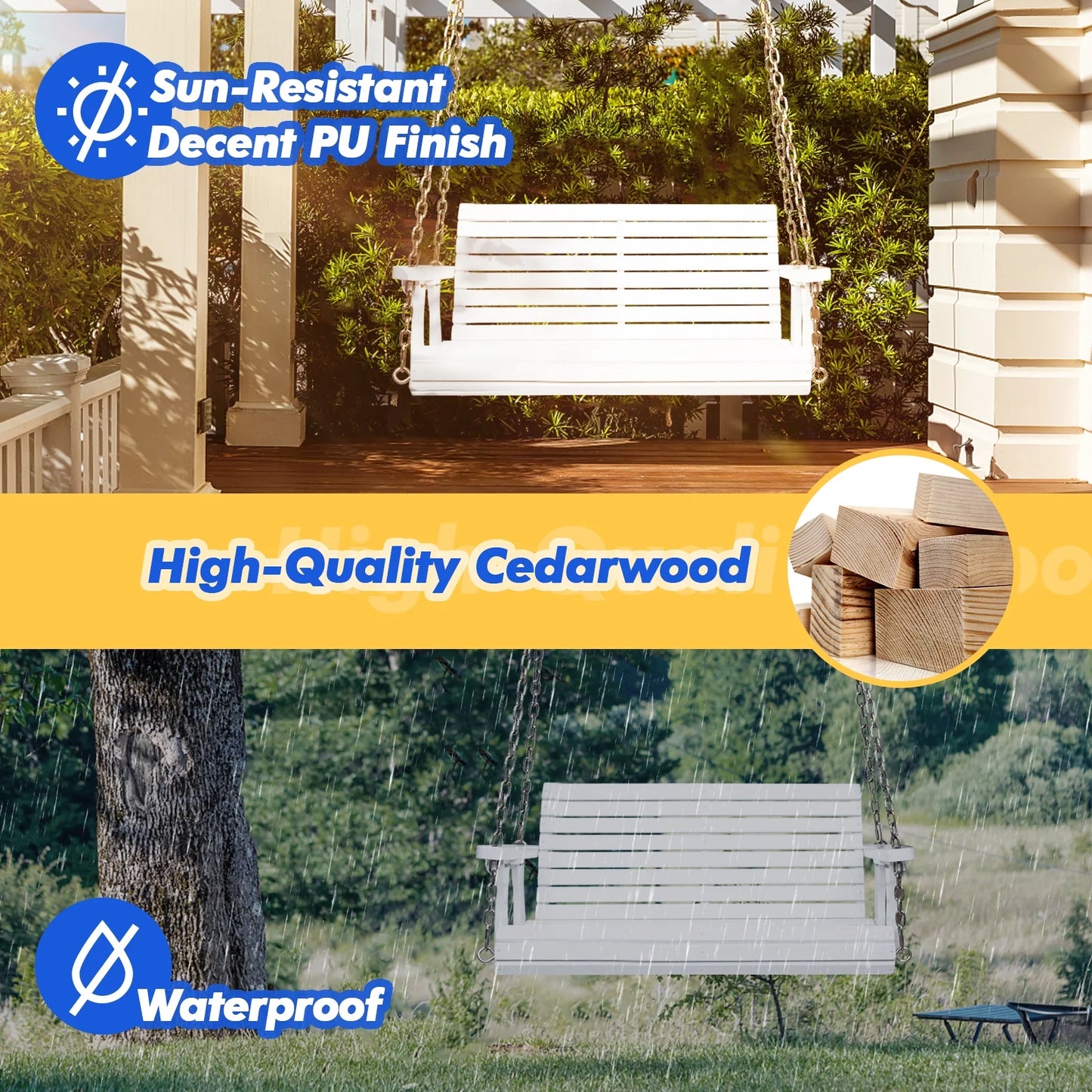 Zimtown Patio Wooden Porch Swing Swing Chair Bench Heavy Duty 880lbs with Hanging Chains for Outdoors,4 FT, White