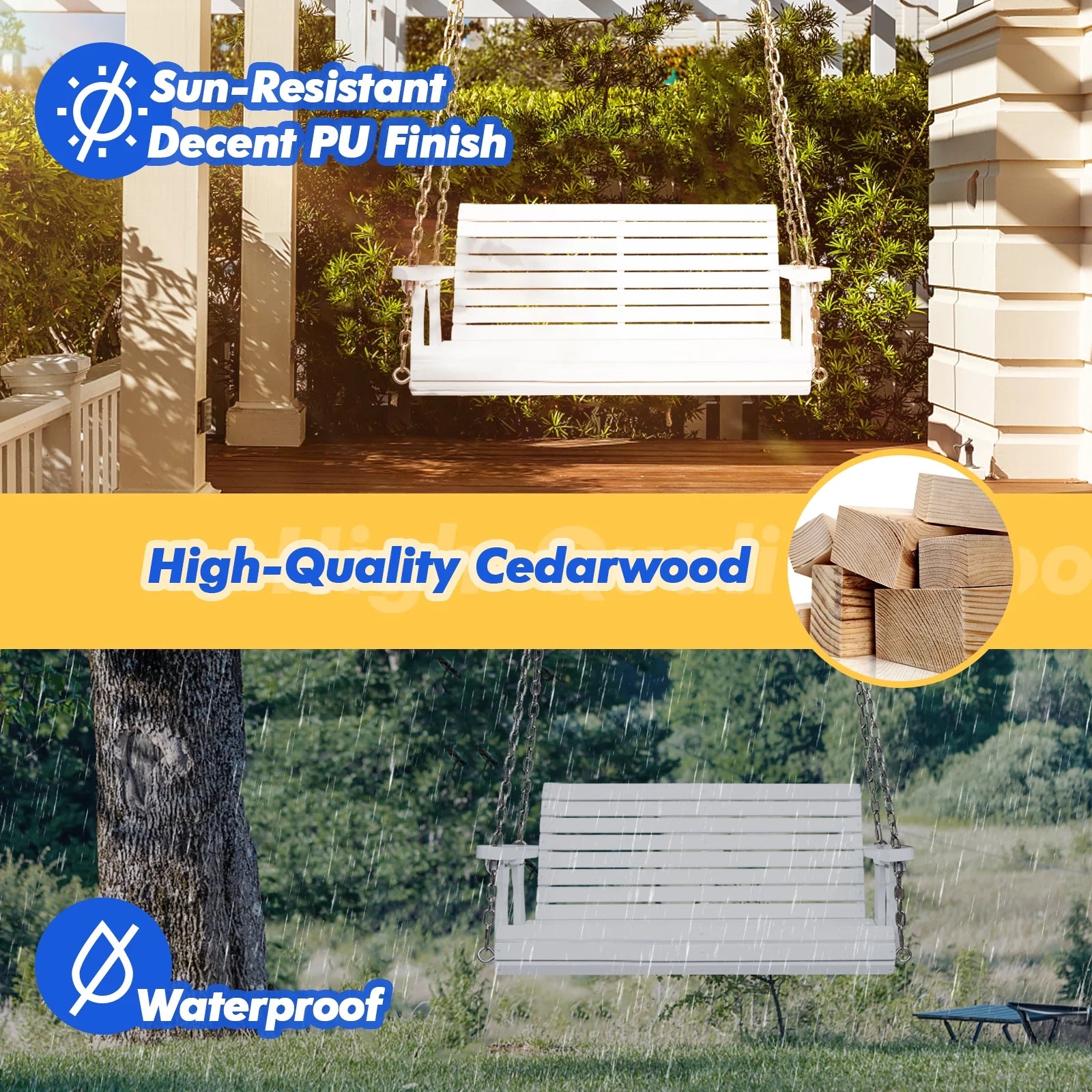 Zimtown Patio Wooden Porch Swing Swing Chair Bench Heavy Duty 880lbs with Hanging Chains for Outdoors,4 FT, White