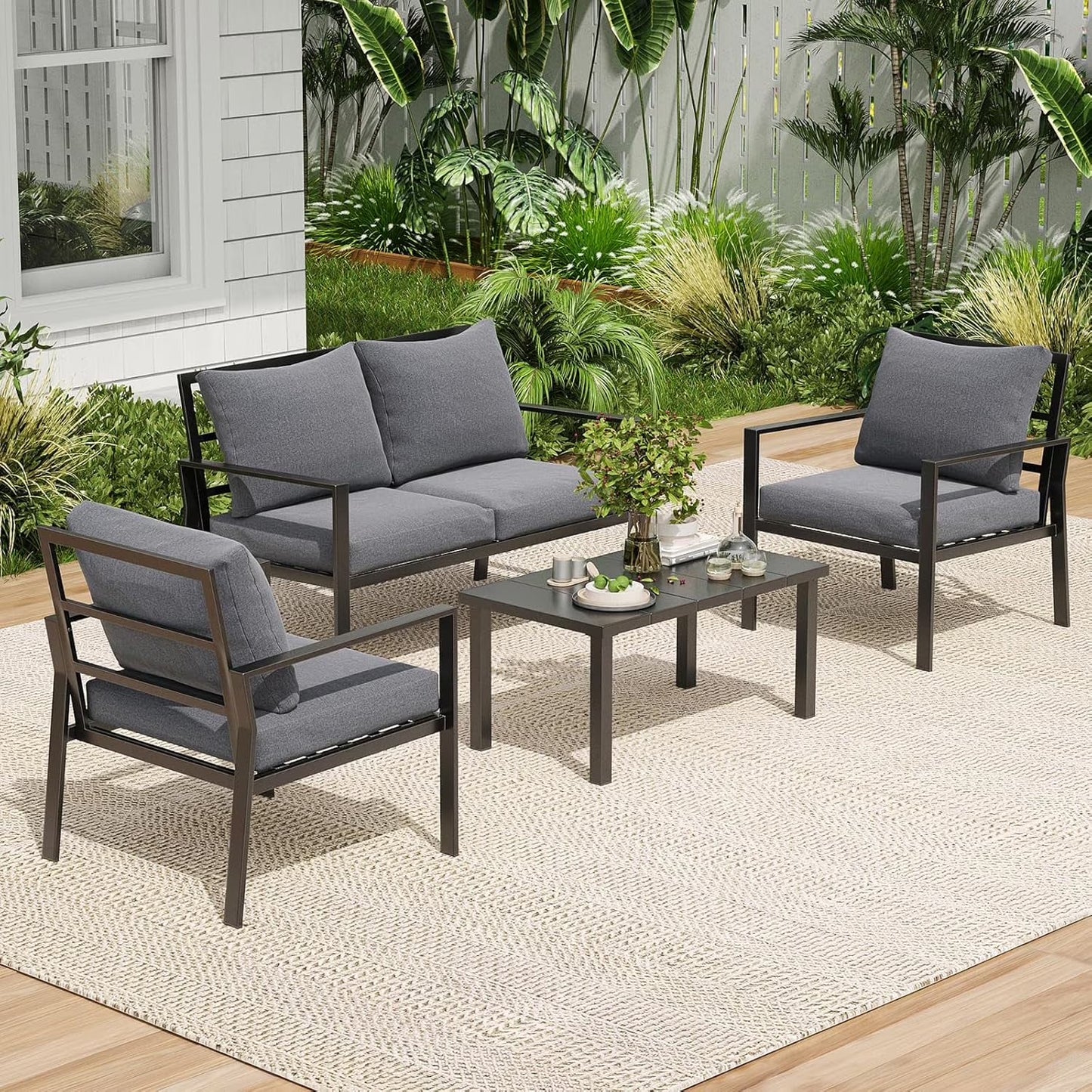 Farini Outdoor conversation sets, 4 Pieces Metal Patio Furniture Set with 2 Single Chairs, 3-Seat Sofas & Coffee Table, for Garden, Backyard, Balcony (Beige)
