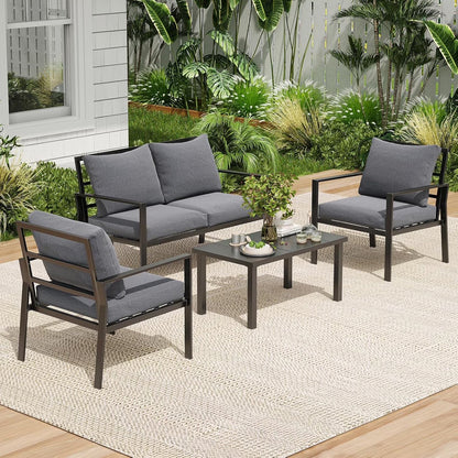 Farini Outdoor conversation sets, 4 Pieces Metal Patio Furniture Set with 2 Single Chairs, 3-Seat Sofas & Coffee Table, for Garden, Backyard, Balcony (Beige)
