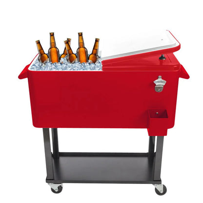 EasingRoom 80QT Cooler Cart Rolling Party Iron Spray Ice Chest Patio Warm Shelf Red