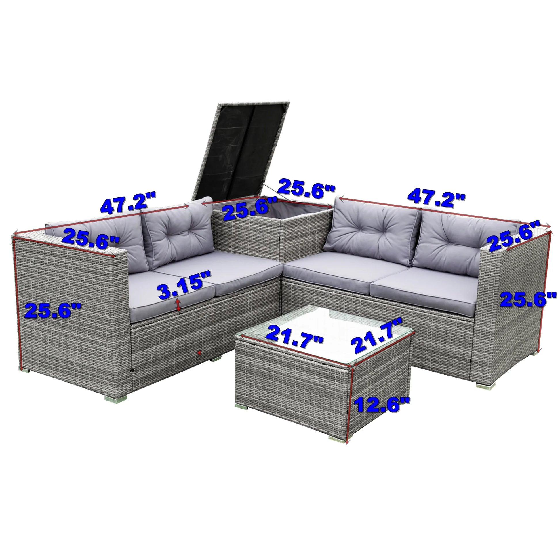Patio Chat Set with Storage Box, 4 Piece Patio Wicker Furniture Set with Coffee Table, 2 Sofas, PE Rattan Outdoor Conversation Sectional Sofa Set with Gray Cushions for Backyard, Porch, Garden, L3579