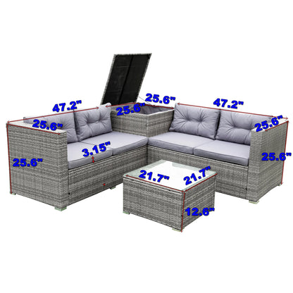 Patio Chat Set with Storage Box, 4 Piece Patio Wicker Furniture Set with Coffee Table, 2 Sofas, PE Rattan Outdoor Conversation Sectional Sofa Set with Gray Cushions for Backyard, Porch, Garden, L3579