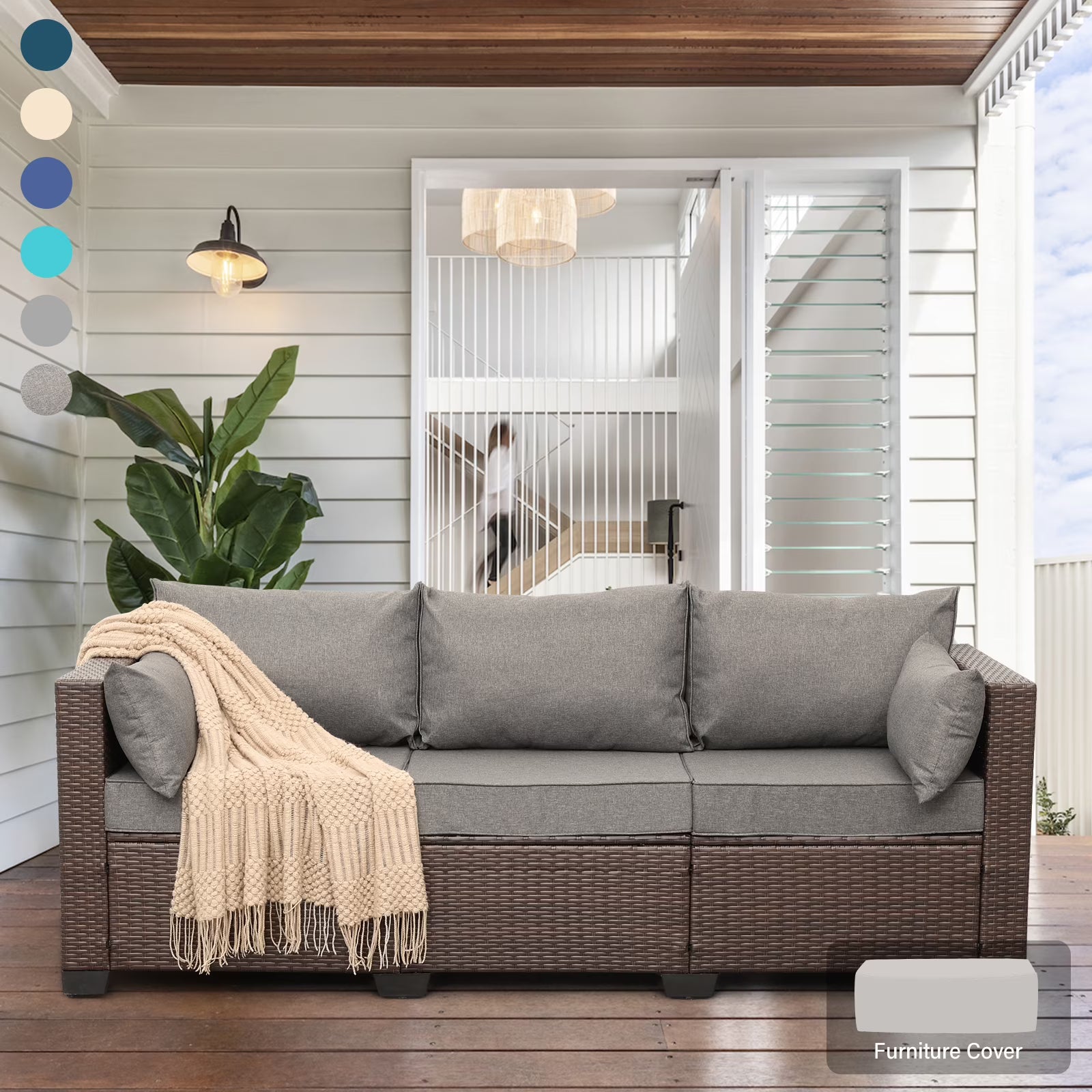 3-Seat Patio Wicker Sofa Outdoor Rattan Couch Furniture Steel Frame with High Back NO-Slip Cushioned, Blue