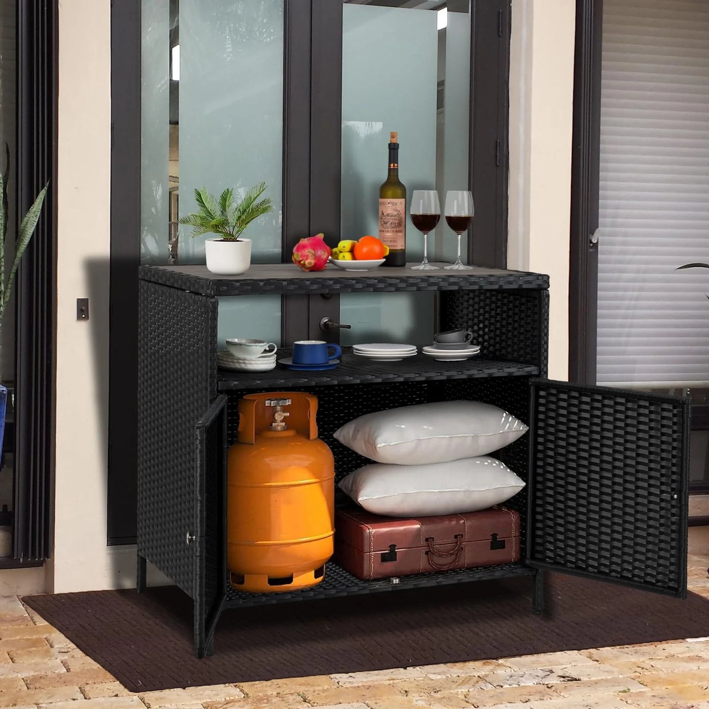 M optimized Patio Outdoor Wicker Storage Cabinet with Shelf, Patio Bar Table with 2-Door and Shelf, All Weather Resin Wicker, Patio Pool Garden Kitchen